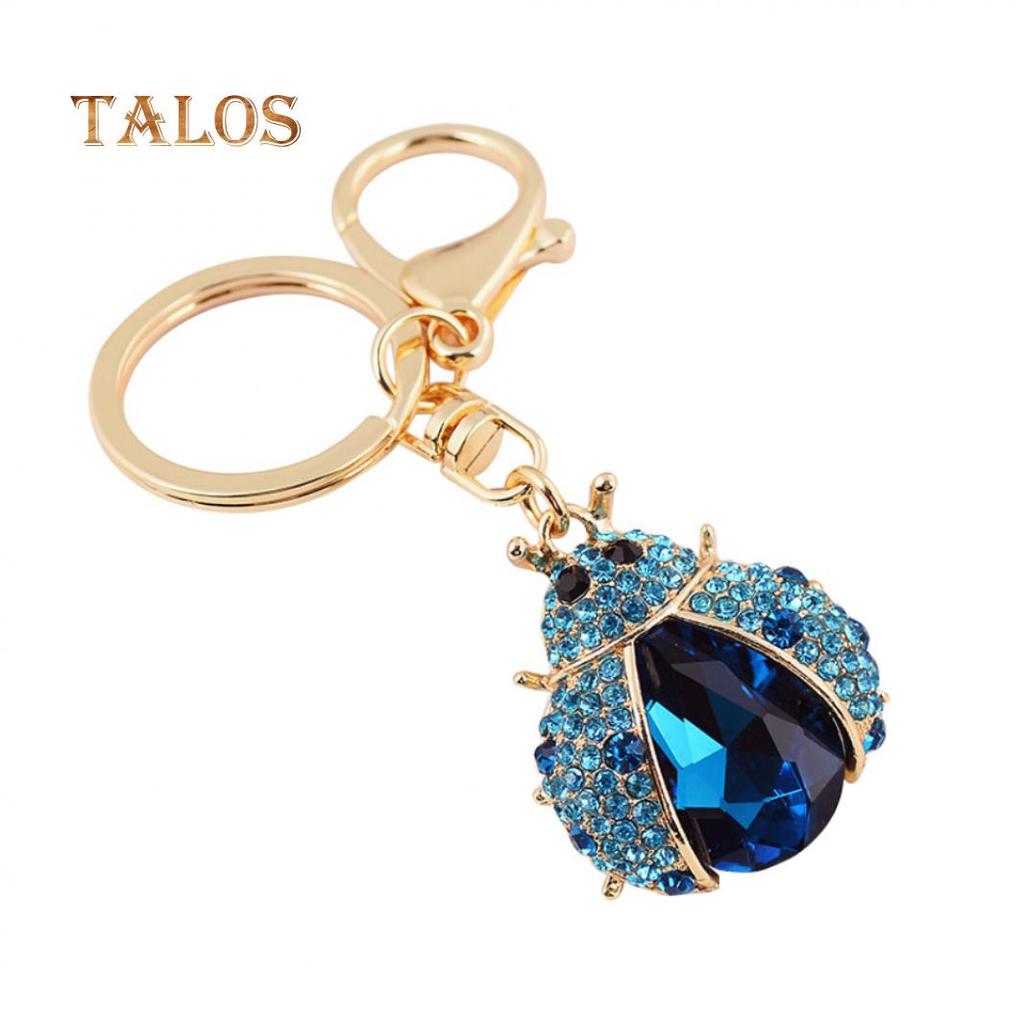 Women Cute Ladybug Shape Crystal Stone Keychain Keys Ring Chain Holder Bag Decor Suspension Trinket