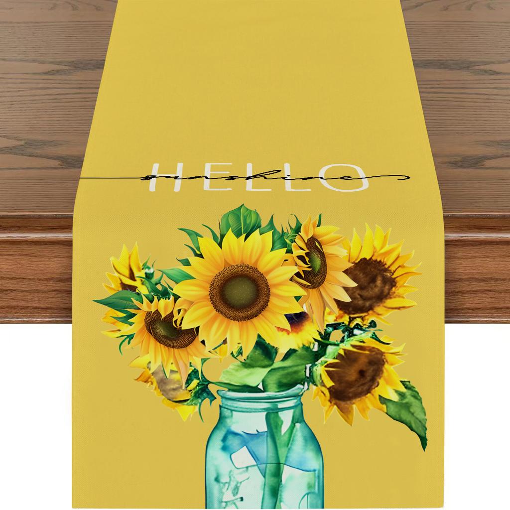Amazon Temu Beliebt Sommer Unabhängigkeitstag Sonnenblumen-Druck Dekorative Leinen Tischflagge Tischdecke