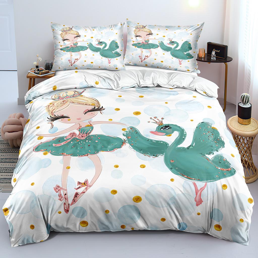 3D Printed Beautiful Swan and Ballet Girls Duvet Cover Set with Pillow Case, Cartoon Comforter Covers for Boys Girls and Zipper