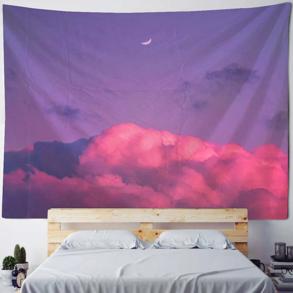 Cartoon Starry Sky Art Tapestry Pink Cloud Moon Wall Hanging Cloth Children's Room Decoration Kawaii Wall Decoration Tapestry