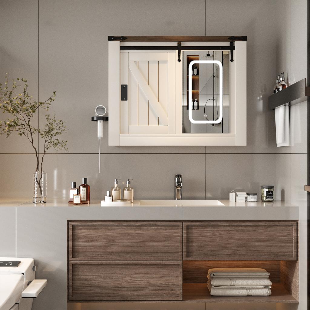 With Sliding Door 3-color Light Adjustment, Anti-fog LED Mirror Cabinet Farmhouse Bathroom Mirror Cabinet for Bathroom Bedroom