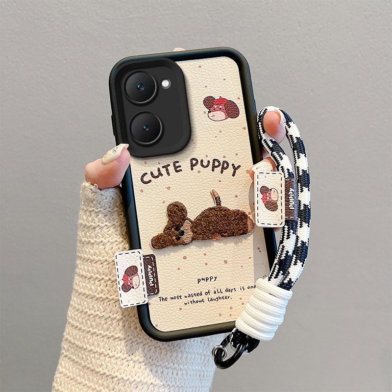 KEYSION Cartoon Cute Plush Embroidery Case for VIVO Y03 Y03t with Lanyard Silicone Shockproof Phone Cover for VIVO Y18 Y28s 5G