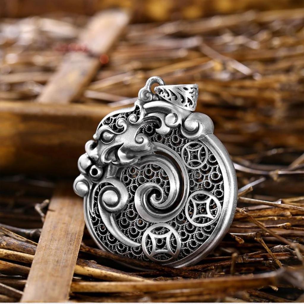 Sterling Silver Dragon Zodiac Peace Pendant: Dragon & Tiger Design with Hand-Woven Silk - Chinese Trend Pure Silver Jewelry