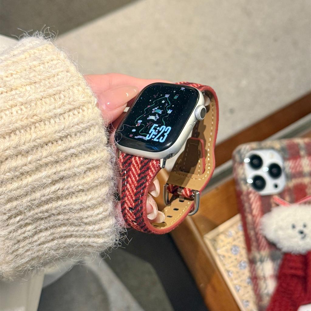 Wełniany + Skórzany Pasek w Stylu Świątecznym do Apple Watch Ultra 3 2 1 49mm / Seria 11 10 46mm / 9 8 7 45mm / SE3 SE2 SE 6 5 4 44mm / 3 2 1 42mm Pasek do Zegarka