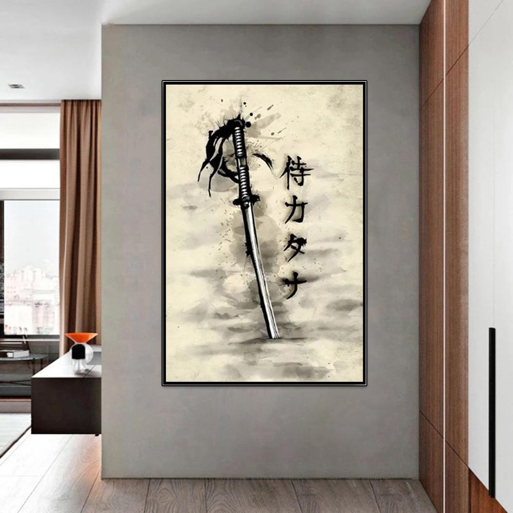 Black and White Japanese Black Samurai Man with Crow Posters and Print Wall Art Canvas Painting for Living Room Cuadros Decor 60 X 40 Cm
