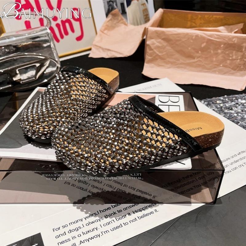 Crystal Mesh Flats Women Slippers Hollow Sandals Casual Mules Shoes Woman 2025 Summer Platform Flip Flops Slingback Mujer Slides