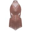 Girls Latin Dance Leotard Ruched Mesh Drapes Cutout Tassel Design Glittery Rhinestones Costume