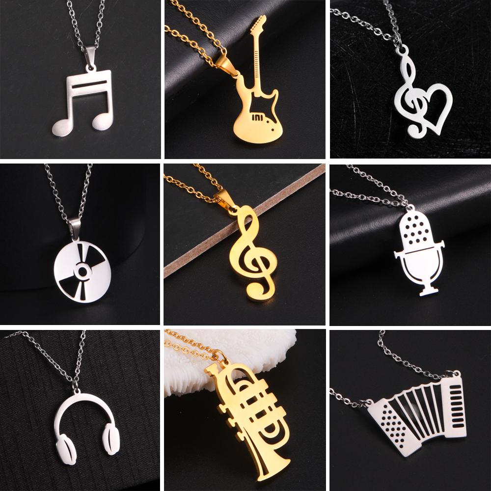 Music Guitar Pendant Necklace for Women Men Stainless Steel Gold Microphone Accordion Neck Chain Jewelry Gift
