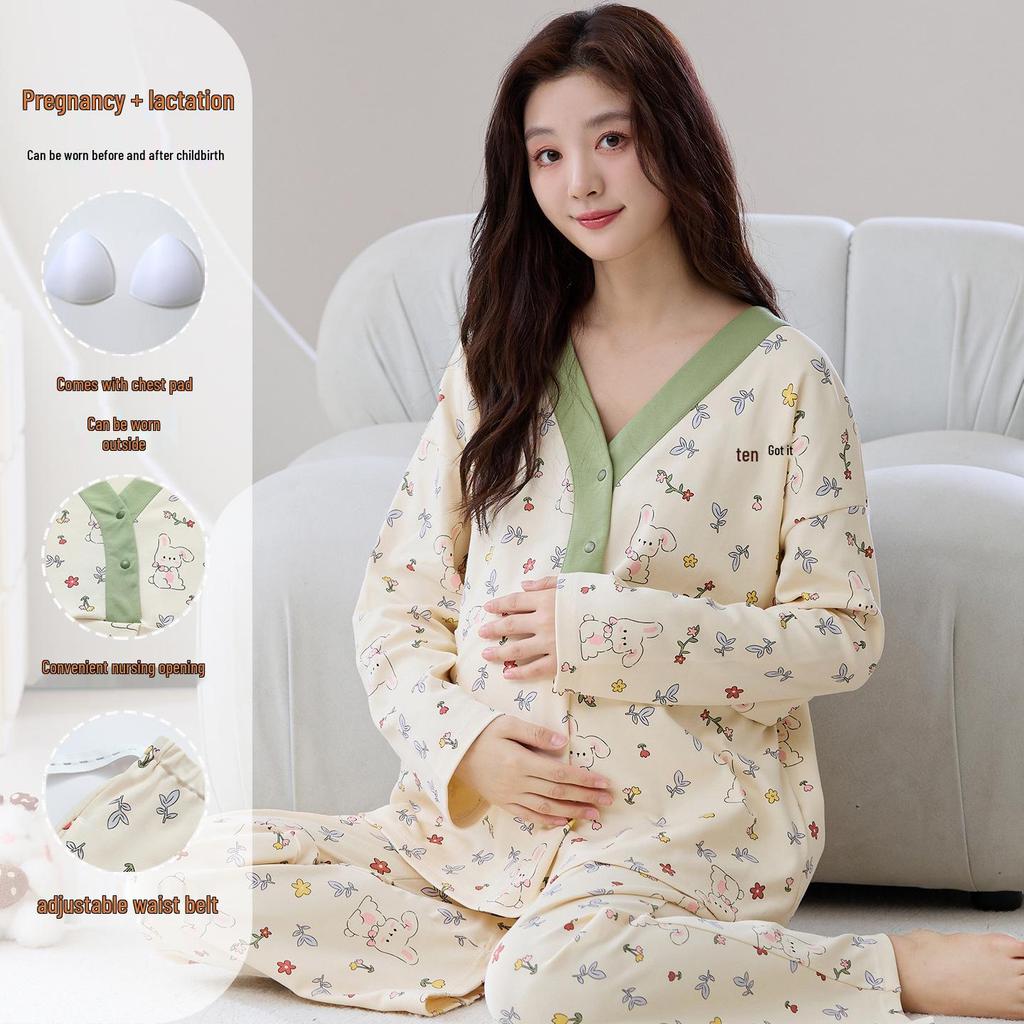Plus Size Maternity Pajamas with Chest Pads for Autumn/Winter - Women's Postpartum Nursing & Home Wear Set