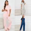 Womens V-Neck Button-Up Short Sleeve Pajama Set With Drawstring Pants Comfortable Lounge Wear