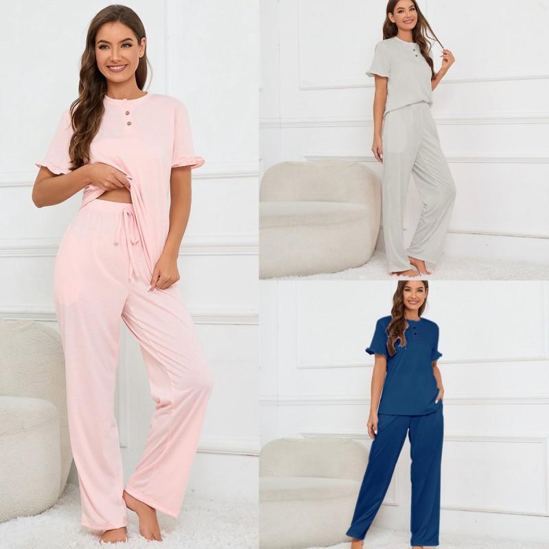 Womens V-Neck Button-Up Short Sleeve Pajama Set With Drawstring Pants Comfortable Lounge Wear