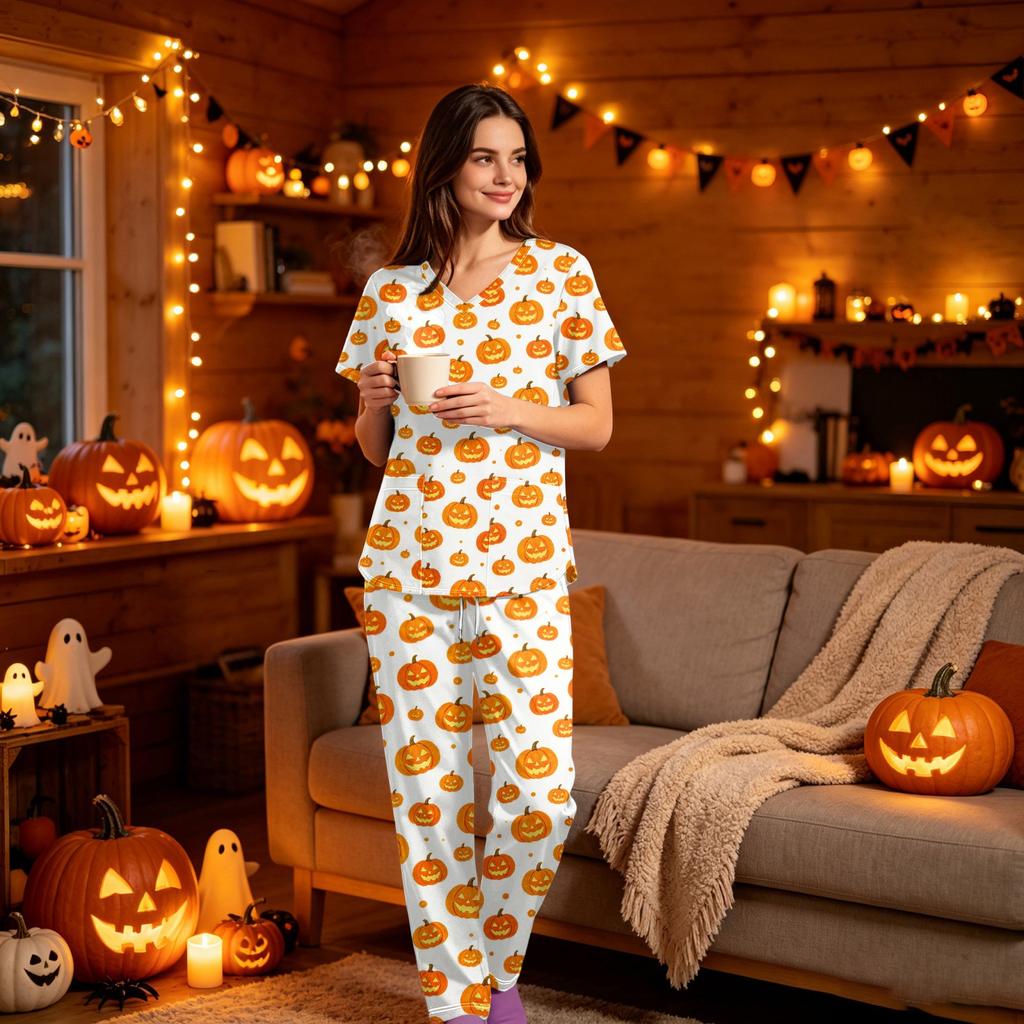 Women's Halloween Print Scrub Set V-Neck Short Sleeve Top with Pocket and Pants 2-Piece Uniform