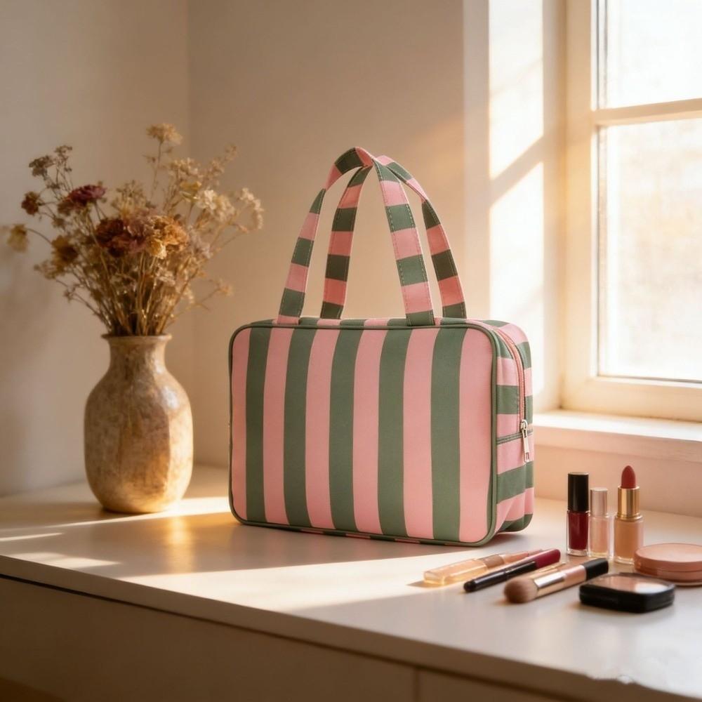 Large Capacity Travel Makeup Bag Collapsible Cosmetic Pouch Striped Toiletry Storage Bag Daily Use