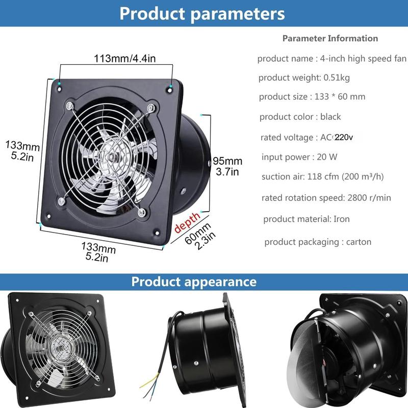 Ventilatore Estrattore Metallo Ferro per Ventilazione 4/6/8", Silenzioso con Valvola di Non Ritorno Anti-reflusso, Ventilatori da Parete&Finestra per Casa