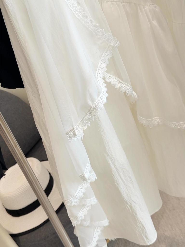 Irregular Lace Trim Mesh Midi Skirt - Women's High Waist A-line Skirt, Slimming & Hip-Covering Design for Spring 2026.