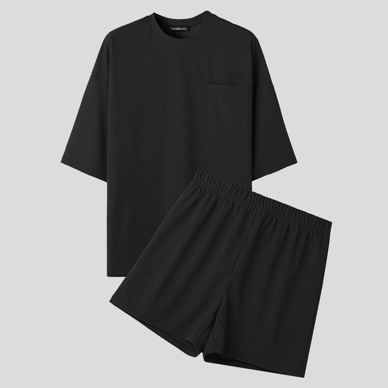 

INCERUN Two Pieces Oversized Men Summer Short Sleeve T-Shirts and Loose Shorts Outfits Sets M чёрный