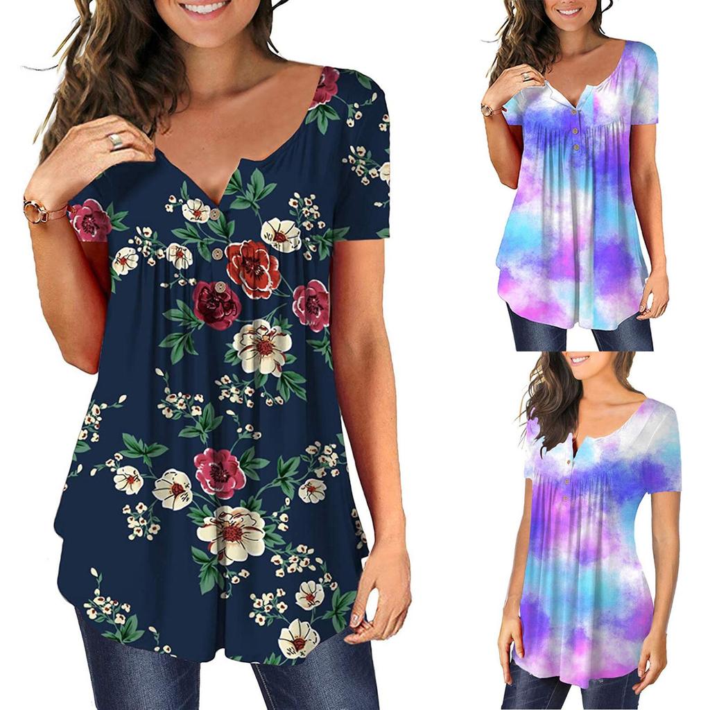 Fashionable Women Slim Tops Casual V-neck T-shirt Button Pullover Short Sleeve