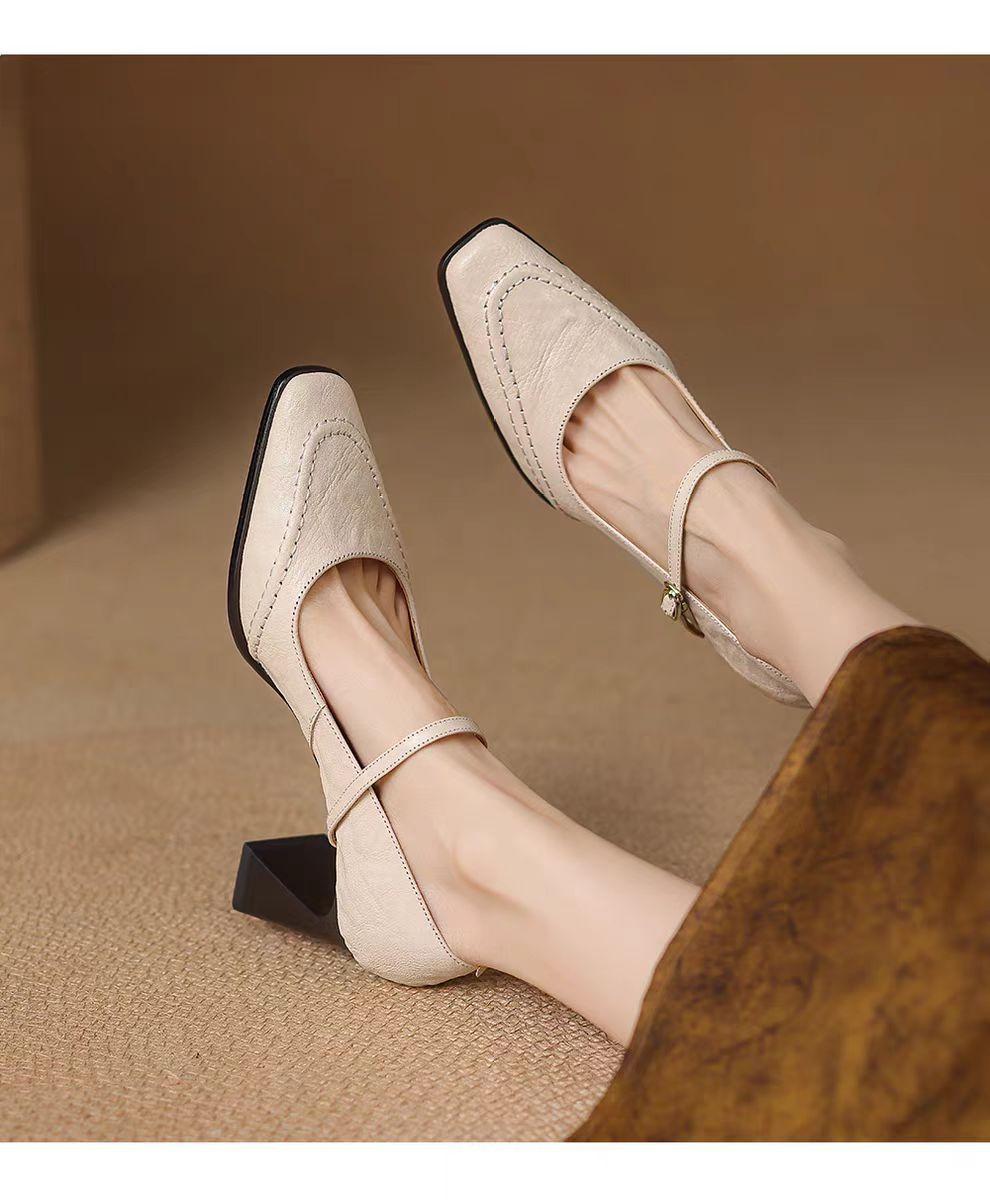 

Туфлі Мері Джейн на товстому підборі 2025 нові ретро з неглибоким вирізом, жіночі французькі туфлі на високих підборах, на одному ремінці з маленьким квадратним носком, модне взуття 40 абрикосовий