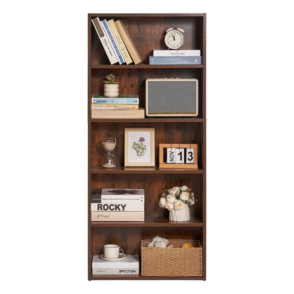 5 Tiers Narrow Bookshelf 53" Wooden Open Bookcase Adjustable Shelf Brown