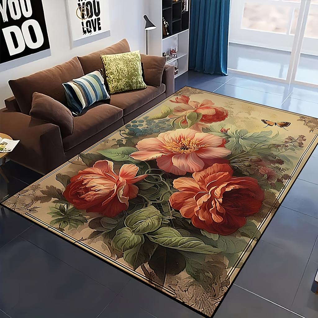 Chinese Peony Printed Rug Non-Slip Washable Polyester Mat, Floral Decor for Bedroom,Living Room, Garden, Camping Indoor/Outdoor