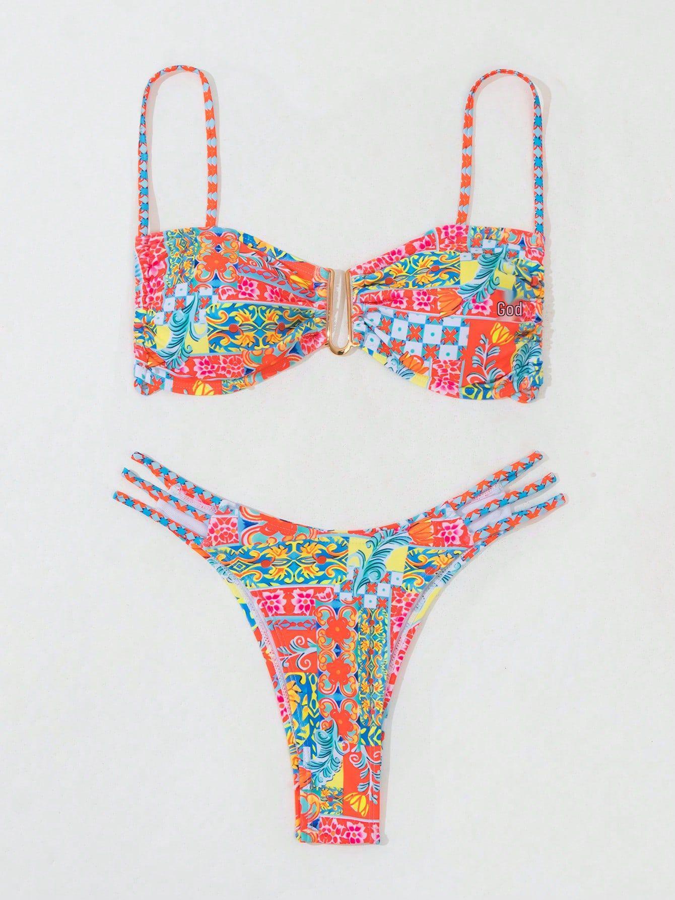 

2024 Купальник бикини бандо с U-образным вырезом и сборчатым принтом - Европейская и американская сексуальная мода, женский купальник XL