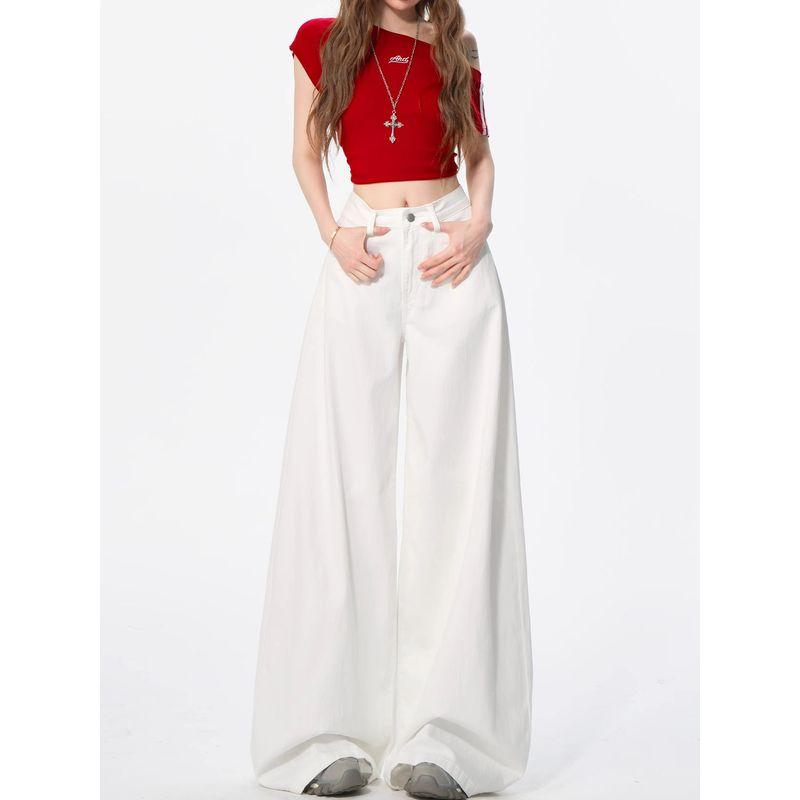 

White Denim Jeans for Women, Plus Size, Summer Thin High-Waisted Loose Fit, Slimming Floor-Length Pants for Plus-Size Girls, Drapey Wide-Leg Pants White [Extended Length] M