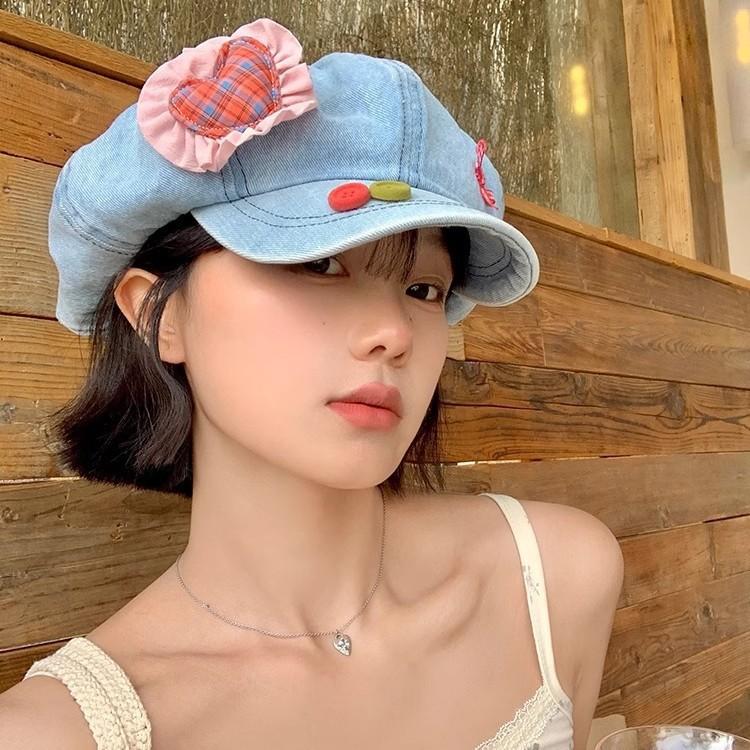 2025 Japanese Button Denim Beret Women's Summer Sweet and Cute Sunshade Love Cloud Octagonal Hat
