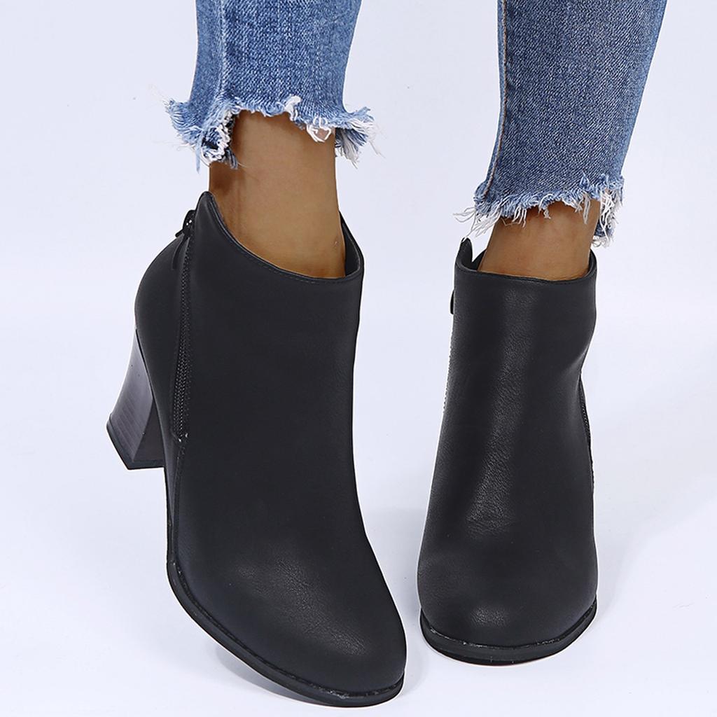 Retro Women Leather Square Heel Zipper Solid Color Short Booties Round Toe Shoes