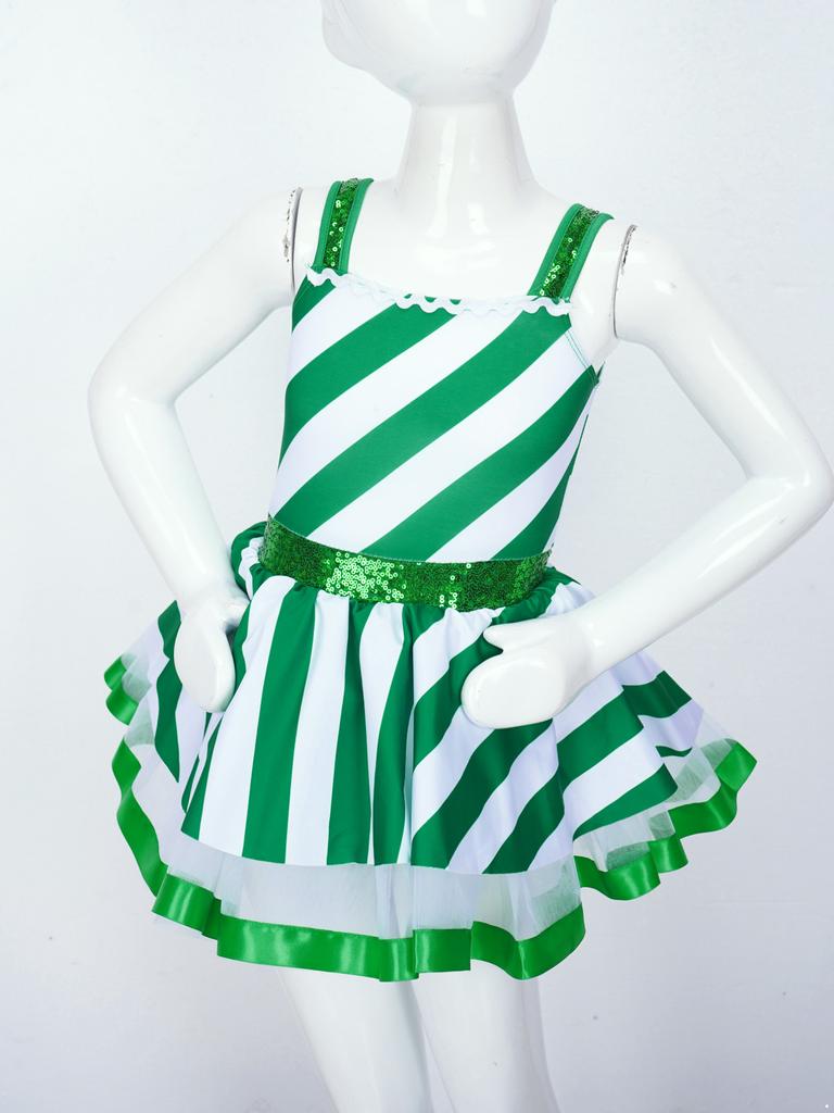 Children Girls Sequins Dance Tutu Dress Leotard Christmas Party Mrs Santa Claus Candy Cane Costume
