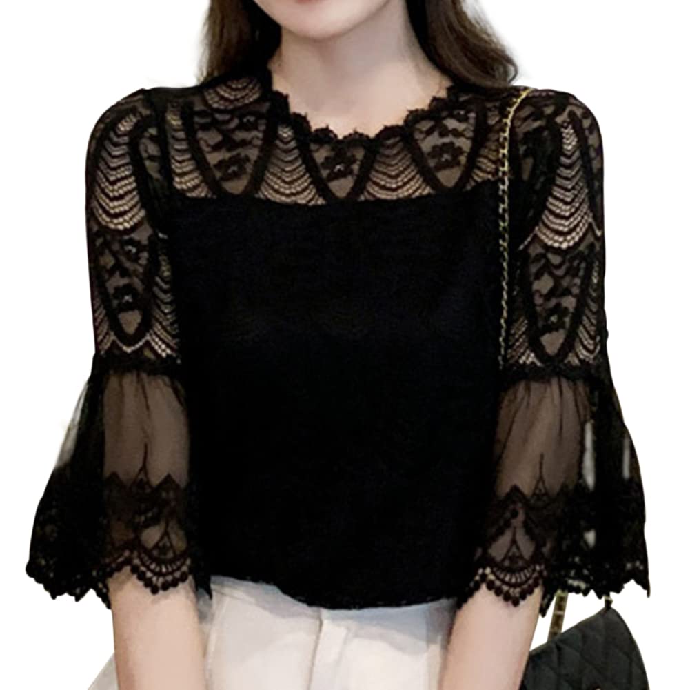 

Кружевная блузка рубашка лето вышитый топ прозрачный тюль короткий рукав милый стильный рукав-фонарик круглый вырез на подкладке прикрывающий тело стройнящий работа прогулка [Yino] чёрный