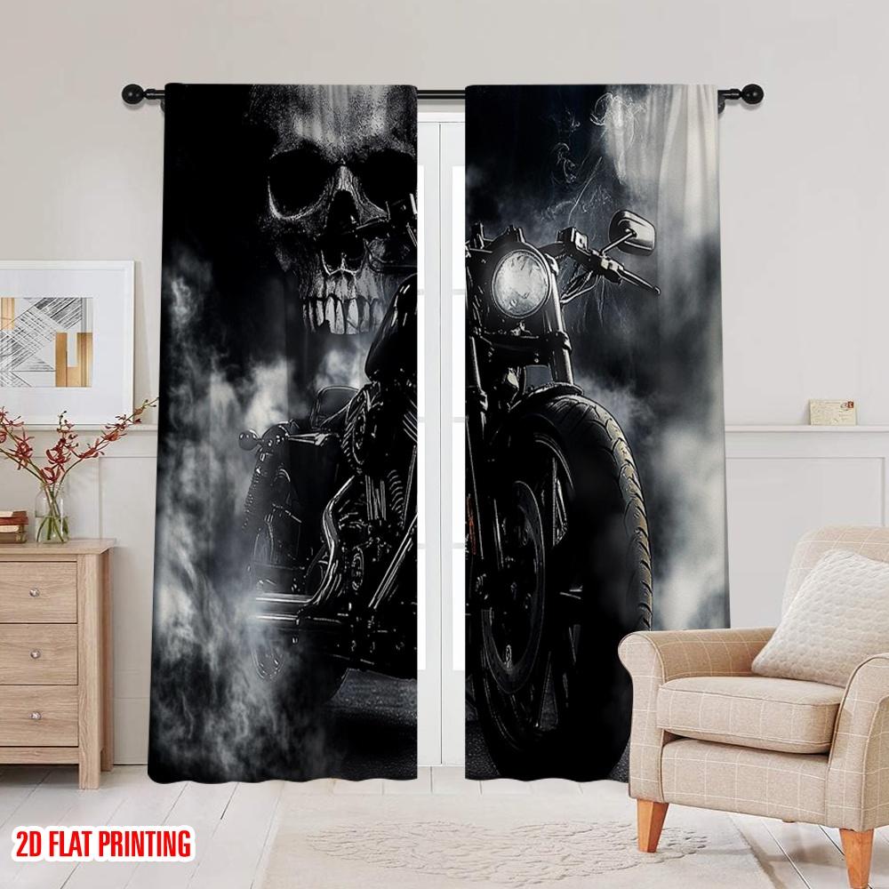 2D Flat Printing 2Pcs Black Motorcycle Rider Curtain Gray Skull And Mist Curtain Extreme Sport For Bedroom Living Room And