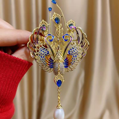 Fashionable Color Oil Painting Phoenix Inlaid Cubic Zirconia Chinese Style Simulated Pearl Brooch