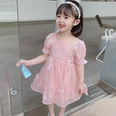 Summer Girls Pure Color Square Neck Puff Sleeve Princess Dress