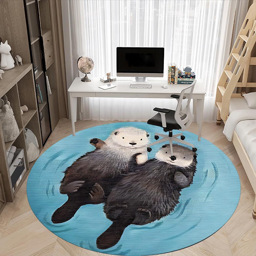 1pc Otter Family Office Round Area Rug, Indoor Mat Suitable For Office, Under Office Chairs Bedroom Living Room Home Decor, Room Deco