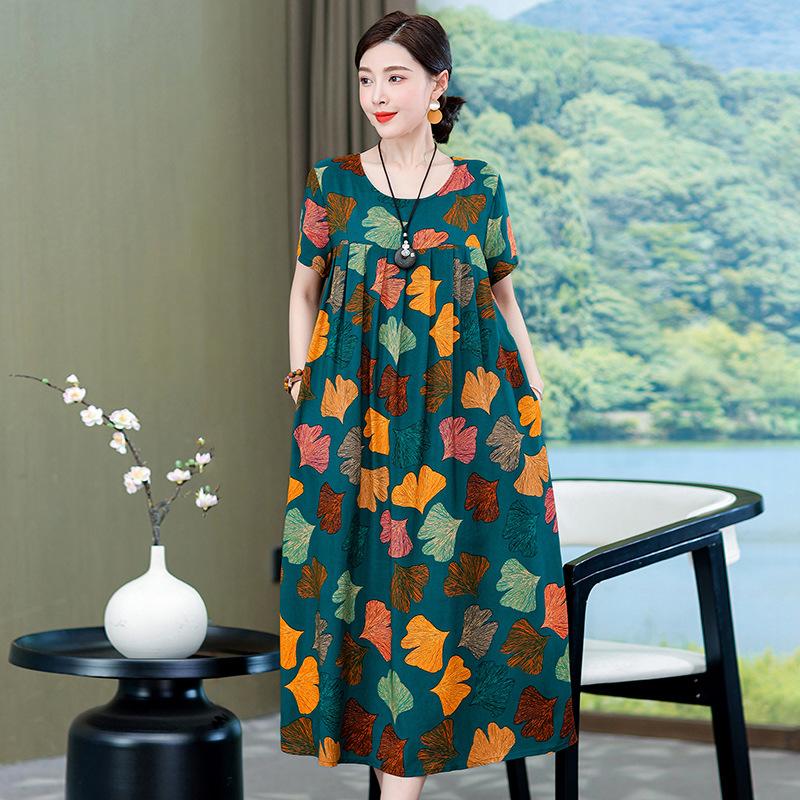 2 Neues hochwertiges florales Baumwoll-Seiden-Kleid für Damen-Sommer-Temperament, Bauchbedeckung für Mütter, große Größe künstliche Baumwolle langer Rock