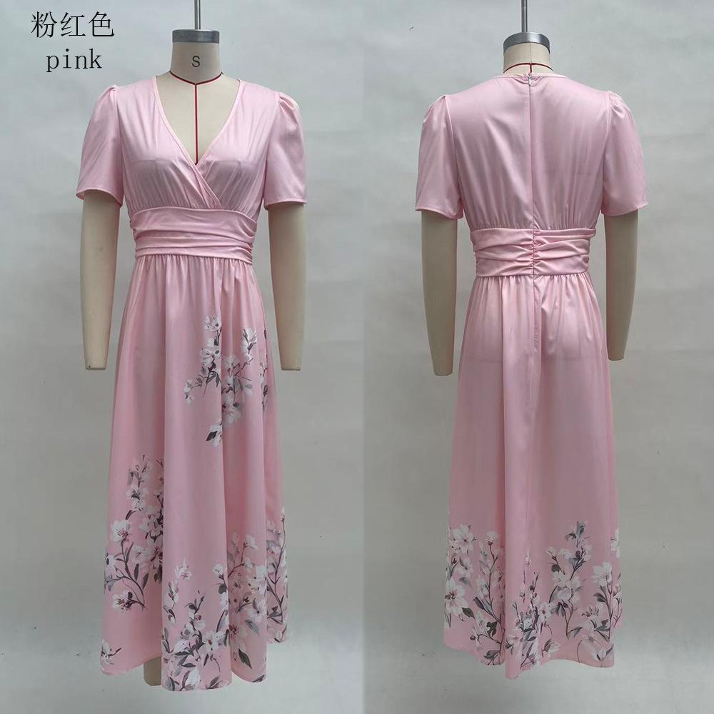 Europäische und amerikanische Damenbekleidung Digitaldruck Blume Langarm V-Ausschnitt Faltenkleid Damen langes Kleid