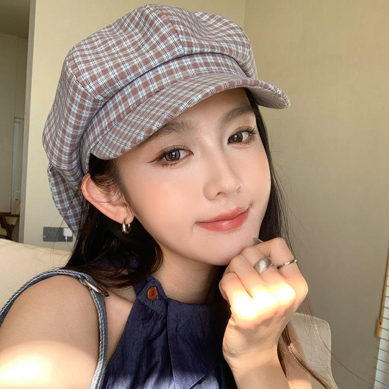 Sweet and cute long-eared rabbit beret children's retro plaid octagonal hat spring and summer versatile painter newsboy hat