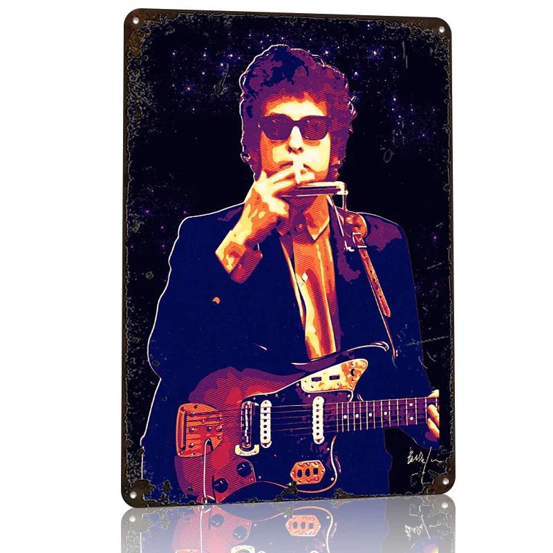Bob Dylan Gitarrenporträt D-Textur Gedrucktes Poster Benutzerdefiniertes Vintage Metallblechschild für Wandkunst Dekoration Schlafzimmer Haus