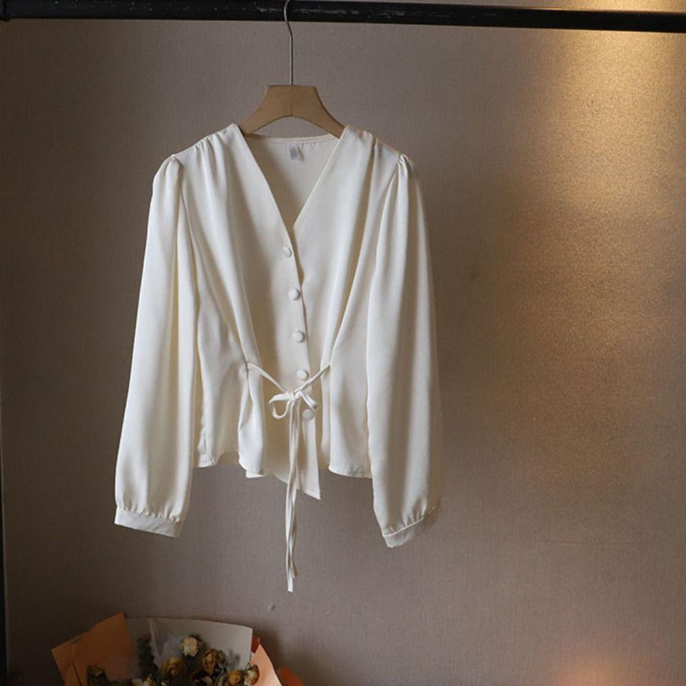 V-neck Long Sleeve Shirts Slim Fit Button Up Blouse Chic Office Ladies Tops Office