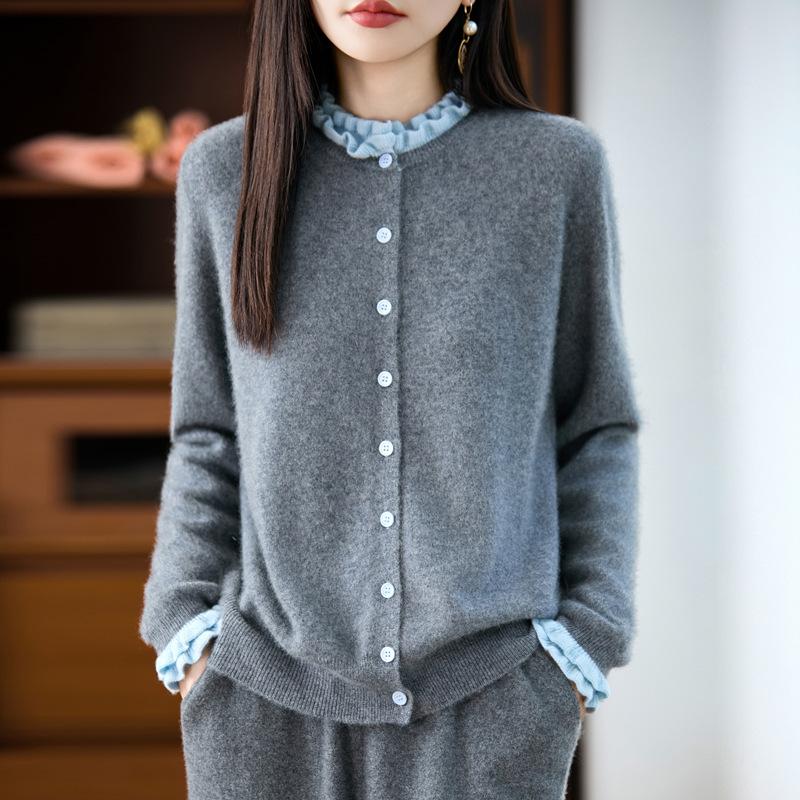 French Fungus Edge 100% Wool Sweater Women'S Autumn And Winter Round Neck Loose Knitted Cardigan Top Jacket Pullover Sweater