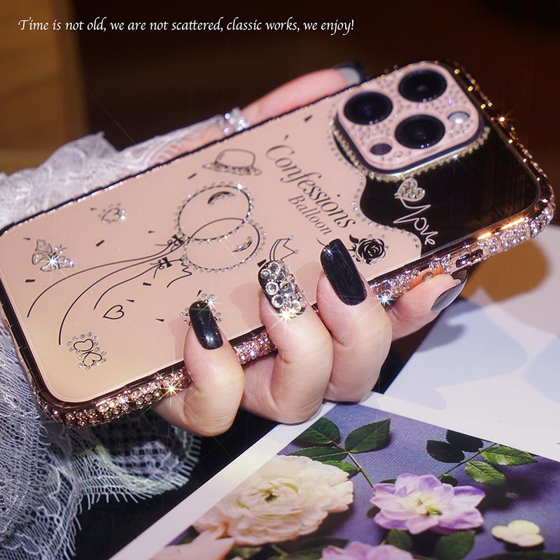 Snake Head Diamond Border Balloon Backboard with Acrylic Material Lens Film Case for iPhone 15 14Plus 13 12 11 Pro Max XSMax 8 7 Plus Protective Cover