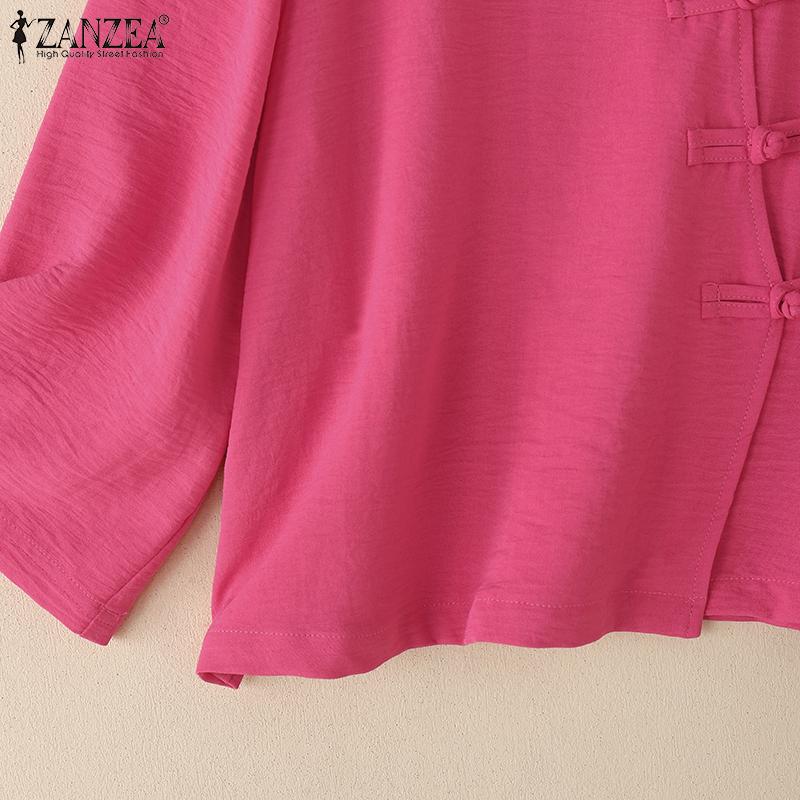 ZANZEA Women Casual Stand Collar Solid Color Loose 3/4 Sleeve Blouse