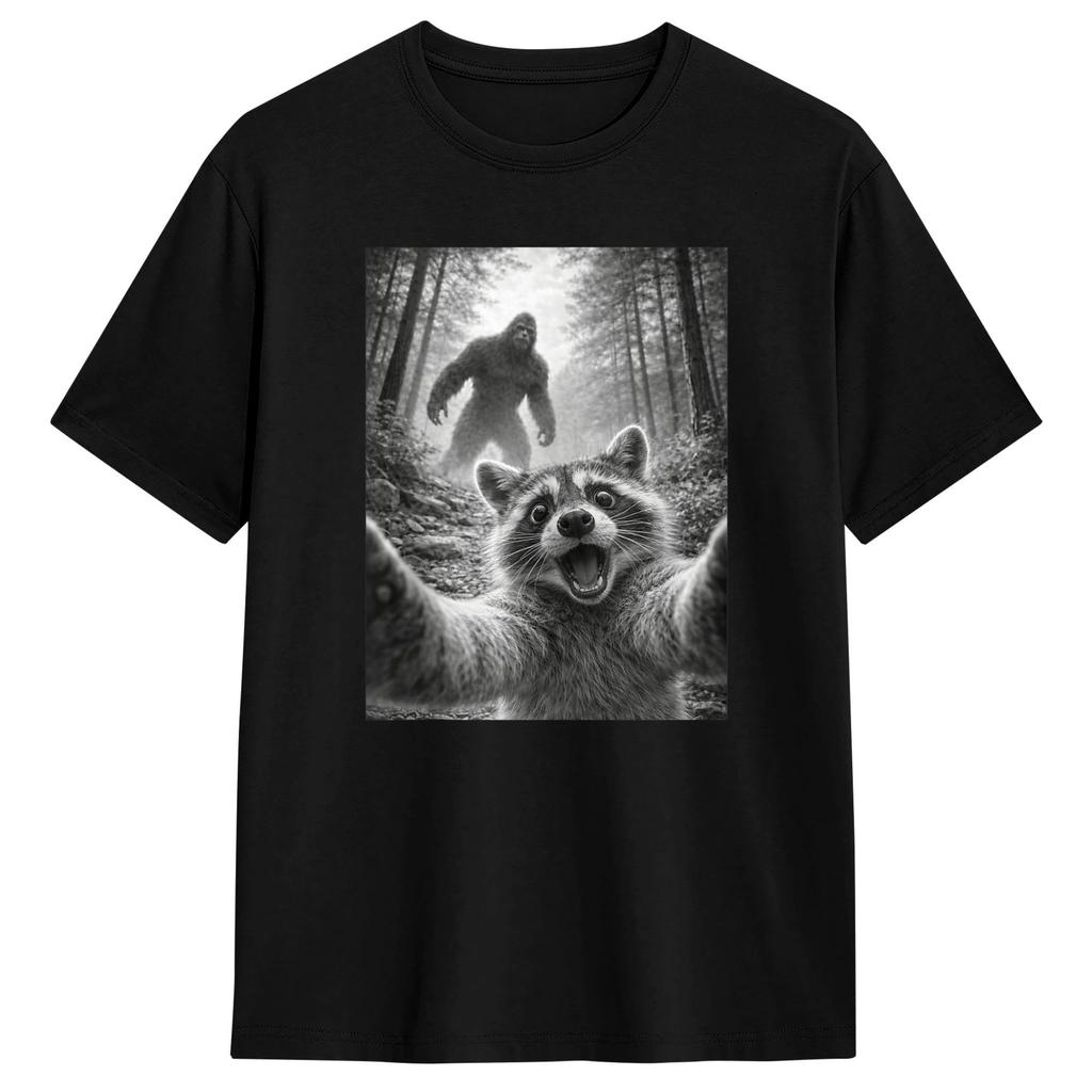 Funny Raccoon Selfie With Bigfoot Tshirt Summer Harajuku Tshirts Cotton O Neck Plus Size Clothing Short Sleeve Awesome Tops