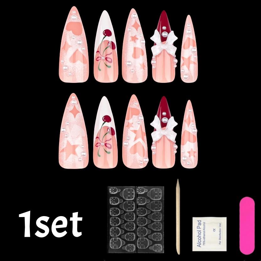 

Y2K Fake Nails with Heart Star Design Long Almond Press-on Nails Set DIY Acrylic Nails with Jelly Glue Sticker