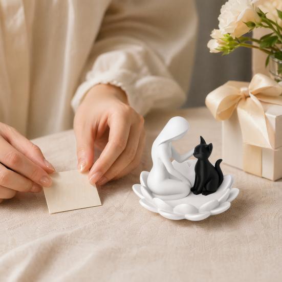 Desktop Decor Human-Cat Interaction Shape Ornament, with Stable Non-Slip Lotus Base, Gentle Healing Black And White Contrast Design, Ornament for Cat