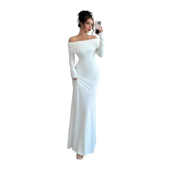 Women Off Shoulder Bodycon Maxi Dress Formal Long Sleeve Evening Gown Ruched Club Party