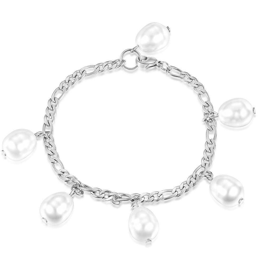 European & American Style Figaro Chain Imitation Pearl Gold-Plated 316L Stainless Steel Bracelet