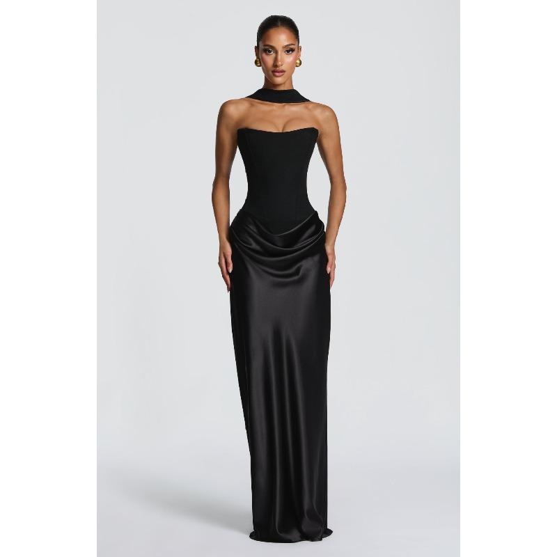 New Solid Color Waist Sexy Tube Top Hip Long Dress Dress Satin Lace-up Streamer Dress