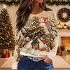 Women's Christmas Print Long Sleeve Top with Round Neck and Side Slit Hem Festive Holiday Blouse