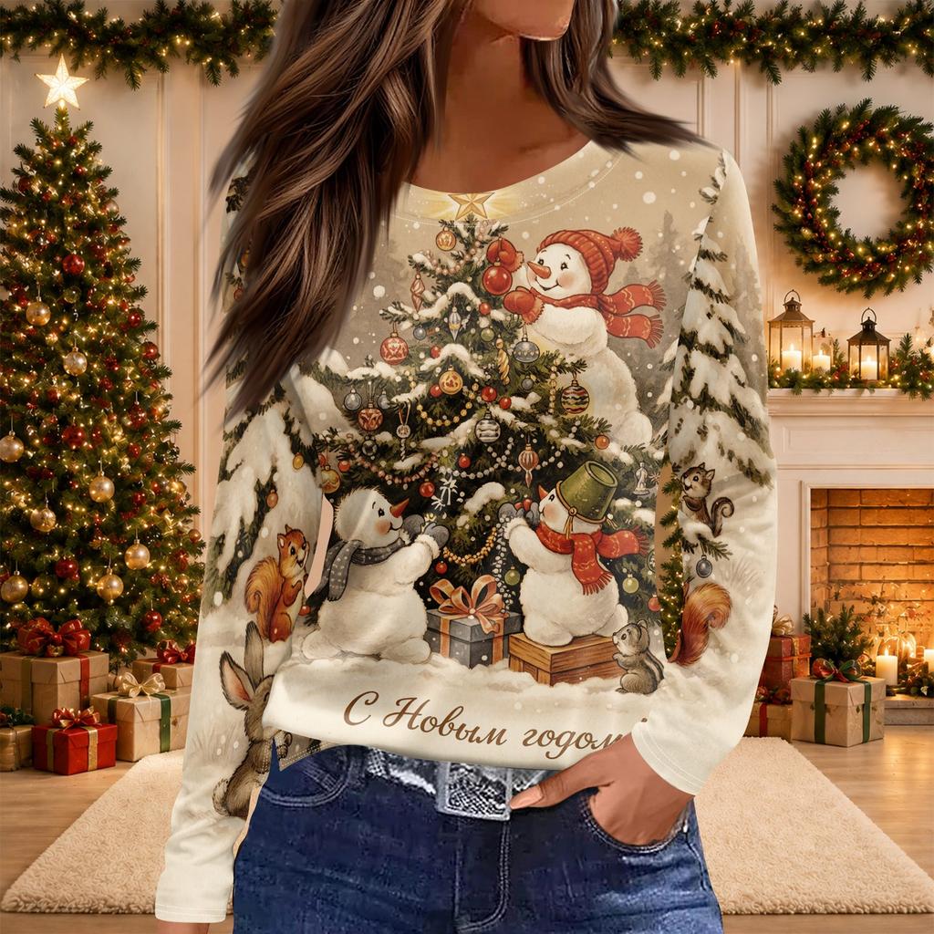 Women's Christmas Print Long Sleeve Top with Round Neck and Side Slit Hem Festive Holiday Blouse